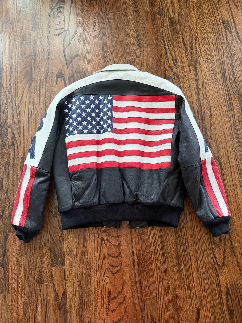 Vintage Leather Bomber Jacket with American Flag Back
